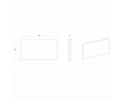 Technický výkres zrcadla o rozměrech 560 x 300 x 17 mm.