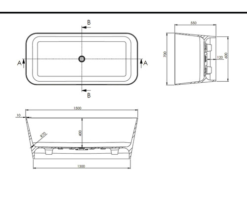 Technický nákres vany s rozměry