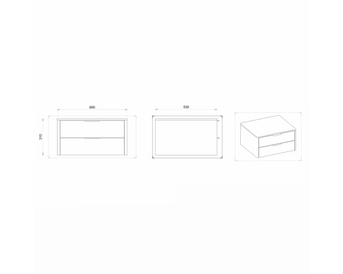 Technický nákres skříňky pod umyvadlo se dvěma zásuvkami a rozměry.