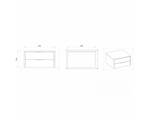 Technický výkres skříňky pod umyvadlo se dvěma zásuvkami a rozměry