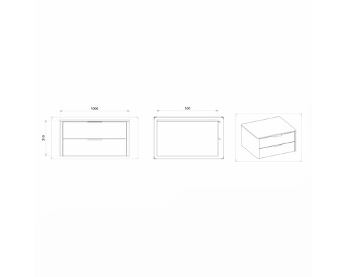 Technický nákres skříňky pod umyvadlo se zásuvkami a rozměry.