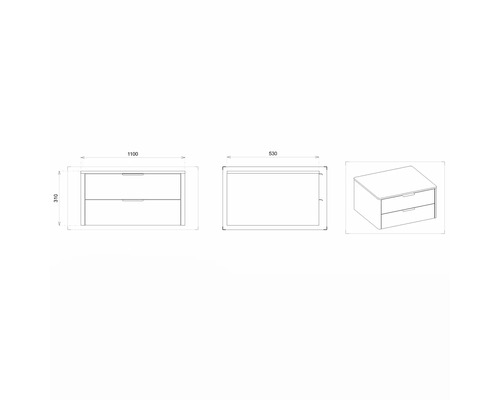 Nákres skříňky pod umyvadlo o rozměrech 1100 x 530 x 310 mm
