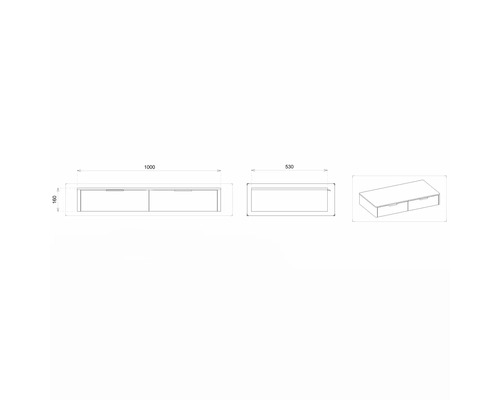 Technický nákres skříňky pod umyvadlo o rozměrech 1000 x 530 x 160 mm.