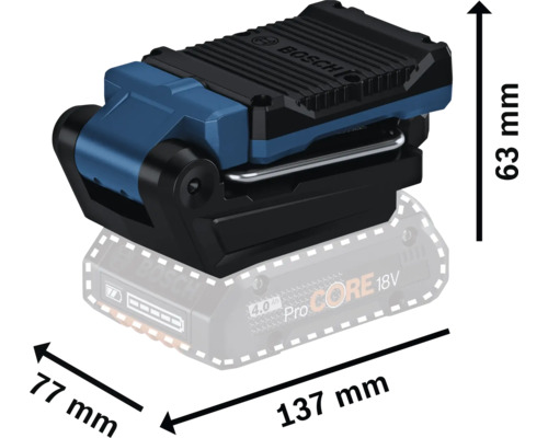 Akumulátorový stavební reflektor Bosch s rozměry