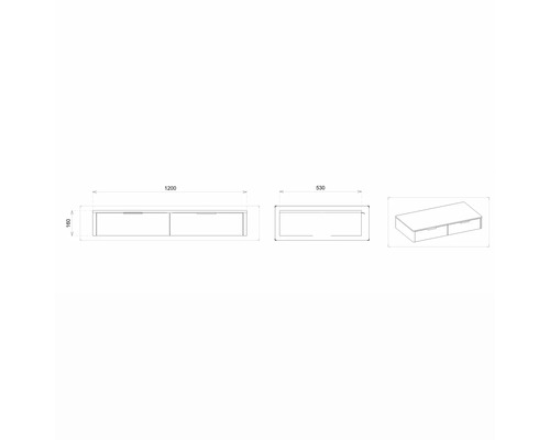 Technický nákres spodní komody se zásuvkami a rozměry