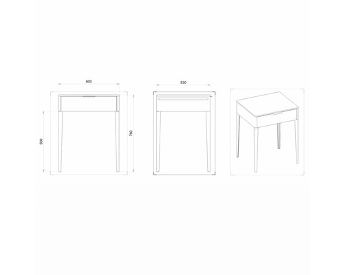 Technický nákres stolu se zásuvkou a rozměry