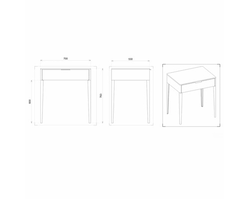 Nákres psacího stolu s rozměry