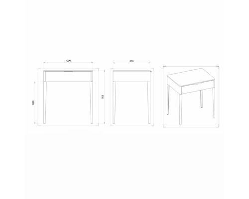 Technický nákres nočního stolku s rozměry