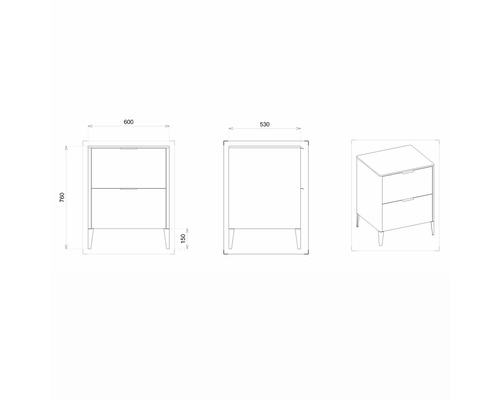 Nákres skříňky pod umyvadlo o rozměrech 600 x 530 x 760 mm