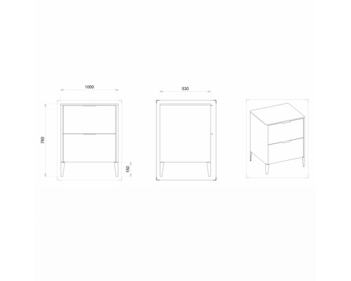 Technický nákres skříňky pod umyvadlo do koupelny se dvěma zásuvkami a rozměry.