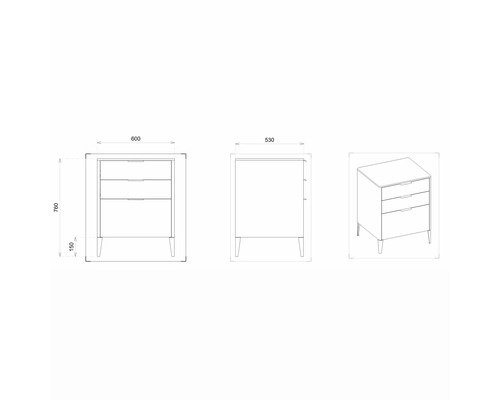 Nákres skříňky pod umyvadlo se třemi zásuvkami a rozměry