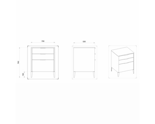 Technický nákres koupelnové skříňky pod umyvadlo se třemi zásuvkami a rozměry.
