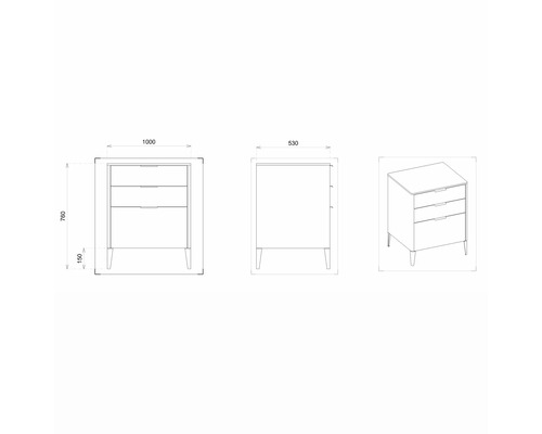 Technický nákres komody se třemi zásuvkami a rozměry.