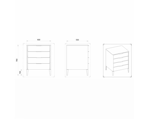 Technický nákres komody se čtyřmi zásuvkami a rozměry