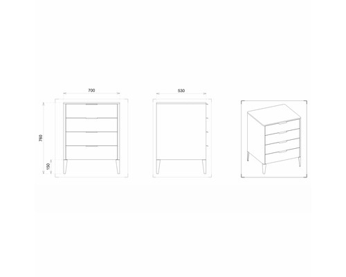 Technický nákres komody se zásuvkami a rozměry