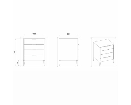 Technický nákres komody se čtyřmi zásuvkami a rozměry