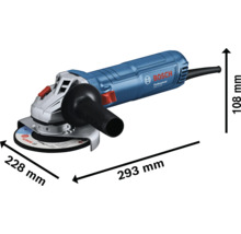 Úhlová bruska Bosch Professional s rozměry 293 mm délka, 228 mm šířka a 108 mm výška