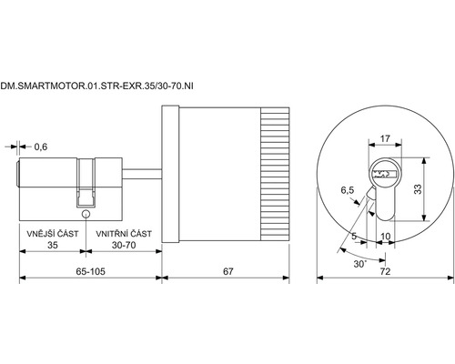 Technický nákres cylindrické vložky s rozměry