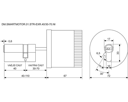 Technický nákres cylindrické vložky s rozměry