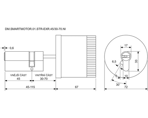 Technický nákres cylindrické vložky s rozměry