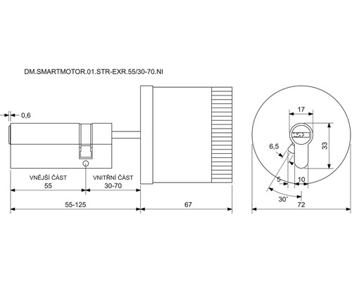 Technický nákres cylindrické vložky zámku dveří s rozměry