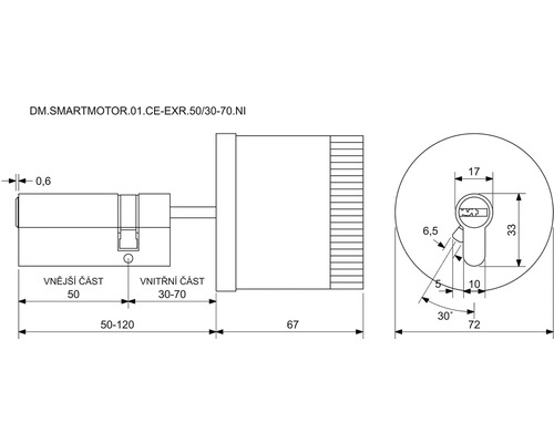 Technický nákres pohonu zámku dveří s rozměry