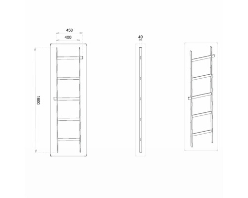 Technický výkres regálu o rozměrech 1800 x 450 x 40 milimetrů.