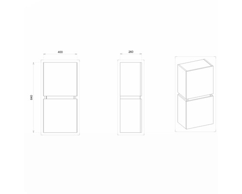 Technický výkres závěsné koupelnové skříňky o rozměrech 840 x 400 x 260 milimetrů.