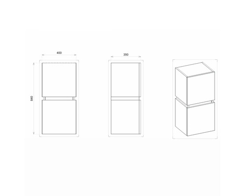 Technický nákres koupelnové skříňky o rozměrech 400 x 350 x 840 mm.