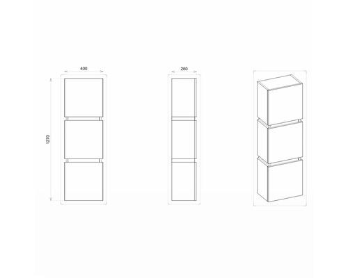 Technický nákres regálu se třemi čtvercovými přihrádkami, rozměry: 1270 mm výška, 400 mm šířka, 260 mm hloubka.