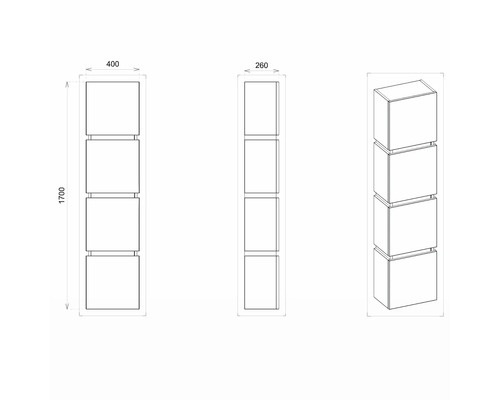 Produktový výkres regálové skříně se čtyřmi přihrádkami, boční pohled, čelní pohled a perspektiva