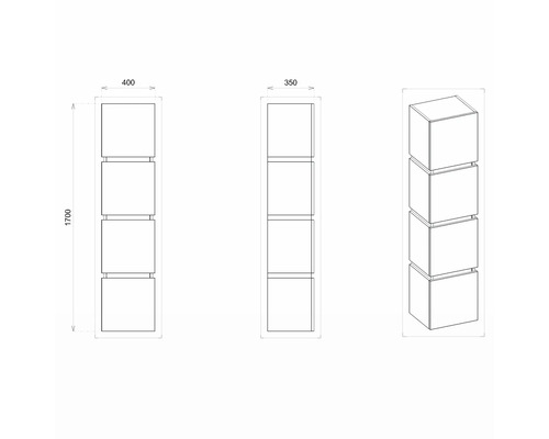 Technický nákres regálu se čtyřmi čtvercovými přihrádkami a rozměry