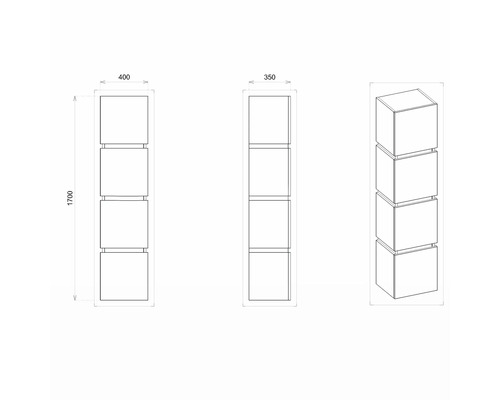 Technický nákres regálu se čtyřmi přihrádkami, rozměry: 400 x 350 x 1700 mm