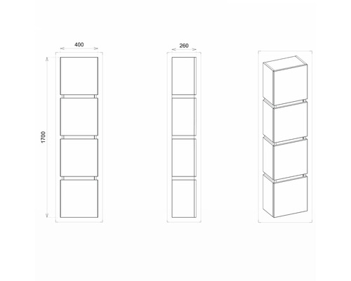 Technický nákres regálu se čtyřmi přihrádkami a rozměry 400 x 260 x 1700 milimetrů