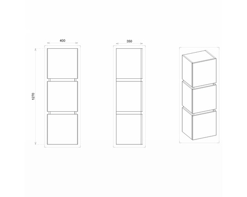 Technický nákres regálu se třemi přihrádkami, rozměry 400 x 350 x 1270 milimetrů