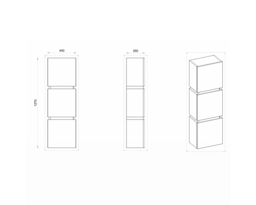 Technický výkres regálu se třemi přihrádkami a rozměry