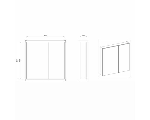 Technický nákres zrcadlové skříňky s rozměry 850 x 835 x 150 milimetrů