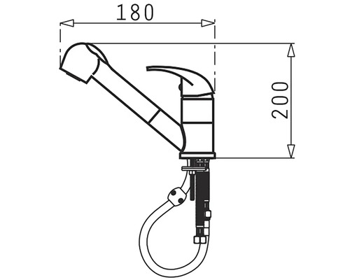 Technický nákres kuchyňské baterie s výsuvnou sprchou a rozměry
