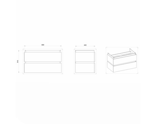 Technický nákres skříňky pod umyvadlo se dvěma zásuvkami a rozměry.