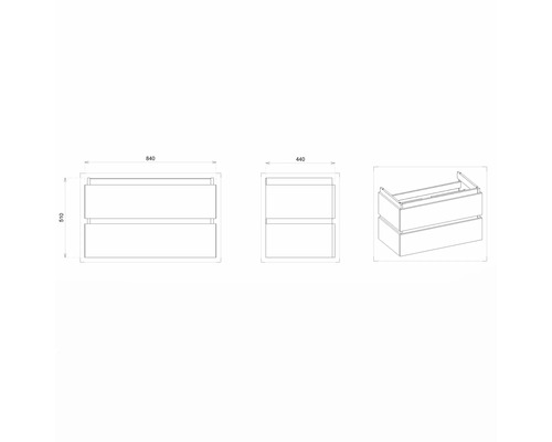 Technický výkres skříňky pod umyvadlo se zásuvkami a rozměry.