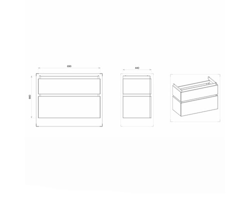 Nákres skříňky pod umyvadlo s rozměry