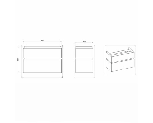 Technický nákres skříňky pod umyvadlo s rozměry.