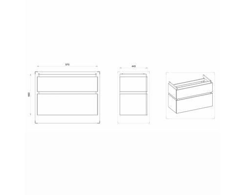 Technický nákres skříňky pod umyvadlo se dvěma zásuvkami a rozměry šířka 970 mm, výška 600 mm a hloubka 440 mm.