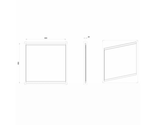 Technický nákres zrcadla o rozměrech 600 x 850 mm