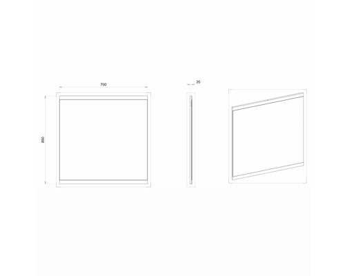 Technický nákres zrcadla o rozměrech 700 x 850 x 20 mm