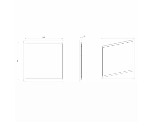 Technický nákres čtvercového zrcadla o rozměrech 850 x 850 x 20 mm.