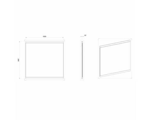 Technický výkres zrcadla o rozměrech 1000 x 850 x 20 mm.