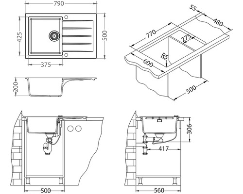 Technický nákres dřezu s rozměry.