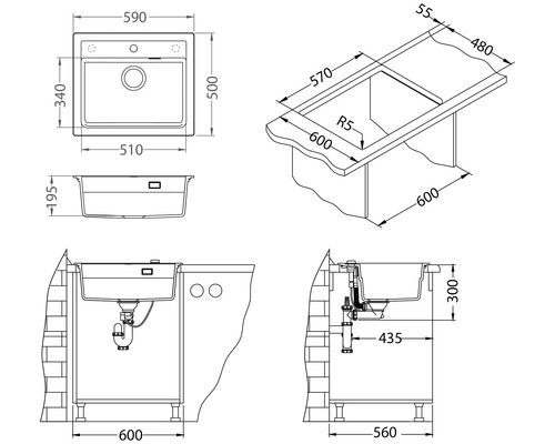 Technický výkres kuchyňského dřezu s rozměry