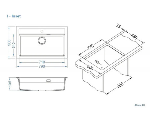 Technický nákres vestavného dřezu Atrox 40 s rozměry